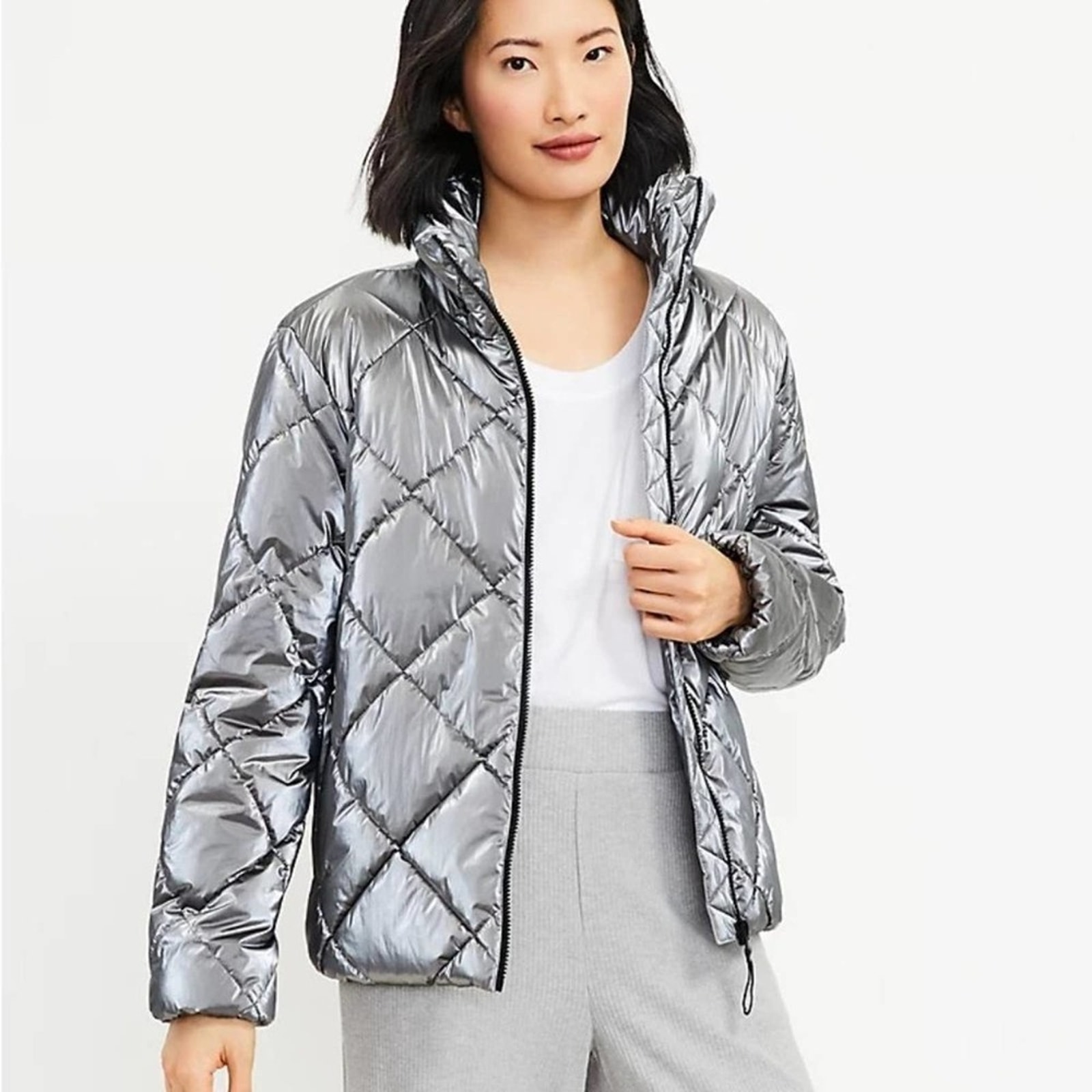 Loft Lou & Grey Shimmer Quilted Dark Slate Puffer Jacket Size Extra Small Nwt